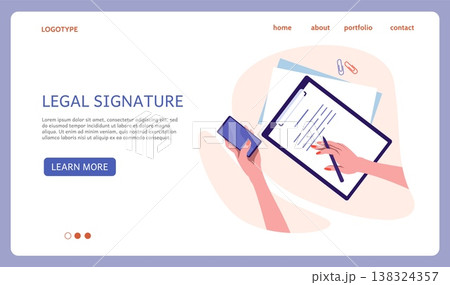 Contract legal signature. Website landing page design. Business agreement conclusion. Partner signing documents. Businessman hands with papers and pen. Desk top view. Vector background Contract legal signature. Website landing page design. Business agreement conclusion. Partner signing documents. Businessman hands with papers and pen. Desk top view. Vector background 138324357