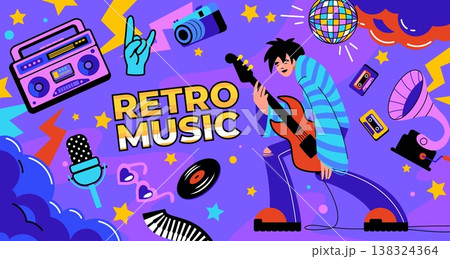 Music stickers. Retro concert characters. Graphic rock party record or vintage groovy fest. Y2K boombox and gramophone. Funky discotheque. Rocker with guitar. Hippy disco vector banner 138324364