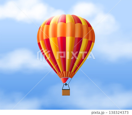 Hot air balloon. Realistic element striped aerostat with basket in clear blue sky with clouds, travel transport. Adventures and freedom. Journey or advertising object. Vector 3d illustration 138324373