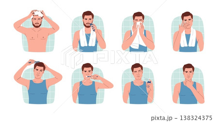 Man in shower. Hair care. Morning skin hygiene. Face wash and shave. Guy applying moisturizing cream. Male person taking bath and cleaning teeth. Beauty routine procedures vector set Man in shower. Hair care. Morning skin hygiene. Face wash and shave. Guy applying moisturizing cream. Male person taking bath and cleaning teeth. Beauty routine procedures vector set 138324375