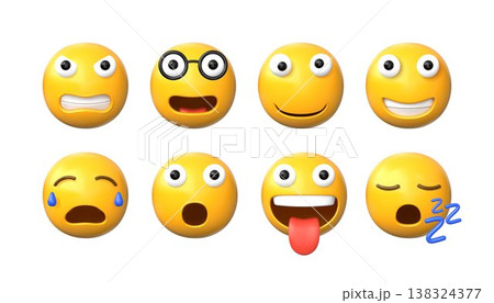3D emoji. Happy or sad face with mouth and eyes. Cartoon emoticon or social media character. Happy wink avatar smile. Surprised icon. Emotion facial expression. Bubble smileys vector set 138324377