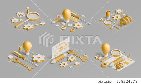Creative technology. 3D light bulb. Isometric innovation science idea in engineering industry. Engineer research. Magnifying glass and work gear. Invention lightbulb. Vector concepts set Creative technology. 3D light bulb. Isometric innovation science idea in engineering industry. Engineer research. Magnifying glass and work gear. Invention lightbulb. Vector concepts set 138324378
