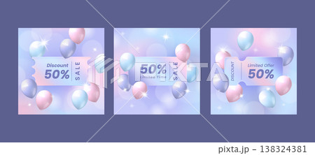 Sale coupon. 3d holographic voucher, shop discount gradient element or pastel promotion business label. Glossy balloons on soft bokeh gradient. Square social media post. Vector background 138324381