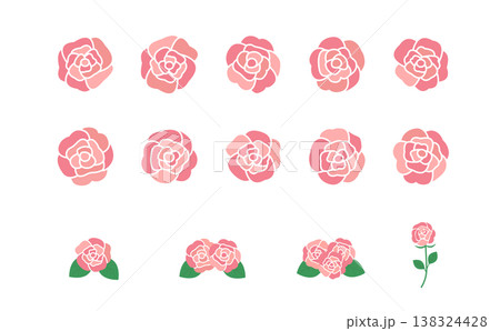 ピンクのバラの花素材セット 花のみと葉付き・茎付きのバリエーションイラスト ピンクのバラの花素材セット 花のみと葉付き・茎付きのバリエーションイラスト 138324428