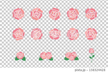 ピンクのバラの花素材セット 花のみと葉付き・茎付きのバリエーションイラスト ピンクのバラの花素材セット 花のみと葉付き・茎付きのバリエーションイラスト 138324428