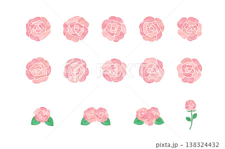 水彩風　ピンクのバラ素材セット 花・葉・茎付きのフラワーパーツイラスト 138324432