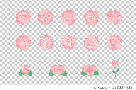 Watercolor-style pink rose material set: Flower parts illustration with petals, leaves, and stems. 138324432