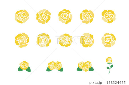 黄色のバラの花素材セット 花のみと葉付き・茎付きのバリエーションイラスト 138324435