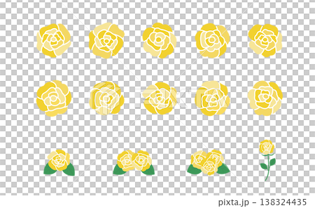 黄色のバラの花素材セット 花のみと葉付き・茎付きのバリエーションイラスト 138324435