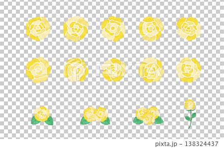 水彩風　黄色のバラ素材セット 花・葉・茎付きのフラワーパーツイラスト 138324437