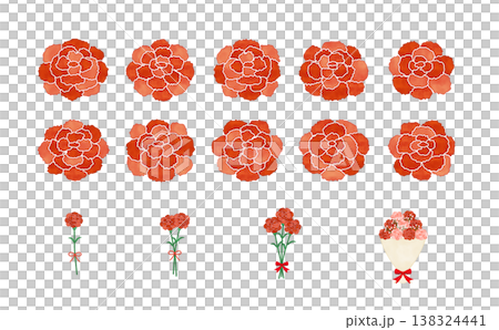 Watercolor-style red carnation flower parts set, with flowers and ribbons, in bouquet variations. 138324441