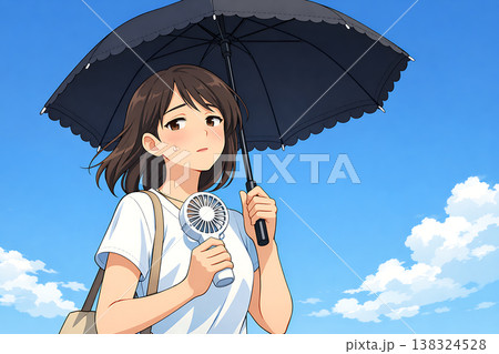 日傘を差してハンディファンを使う女性 138324528