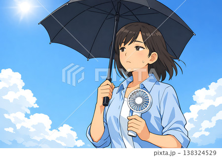 日傘を差してハンディファンを使う女性 138324529