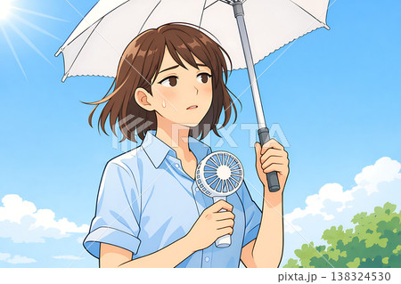 日傘を差してハンディファンを使う女性 138324530