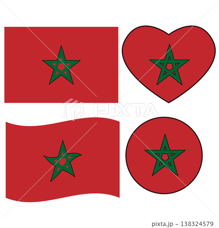 Morocco flag icon. Waving flag of Morocco. Heart Morocco flag. Round Morocco flag. flat style. Morocco flag icon. Waving flag of Morocco. Heart Morocco flag. Round Morocco flag. flat style. 138324579
