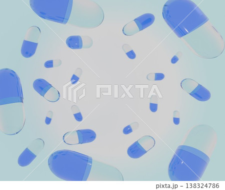 青と透明カプセル薬が円形に舞う3Dレンダリング背景素材 青と透明カプセル薬が円形に舞う3Dレンダリング背景素材 138324786