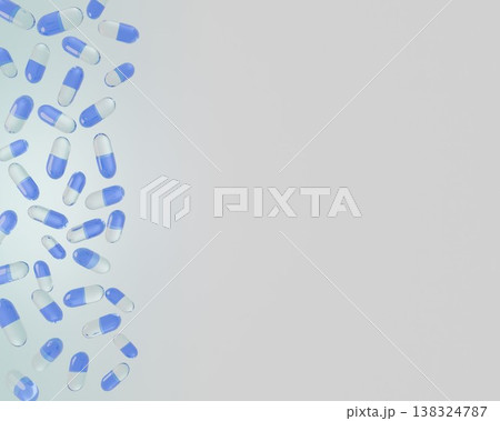 青と透明カプセル薬が舞う3Dレンダリング背景素材　右側に広いコピースペース 138324787