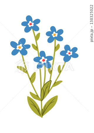 Flower bouquet with five-petal blossoms on slender stems and oval leaves, clean outline and solid fill 138325022