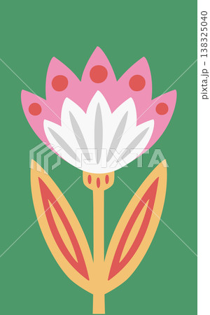 Flower with layered petals, dotted crown, long stem, and twin leaves in bold shapes Flower with layered petals, dotted crown, long stem, and twin leaves in bold shapes 138325040