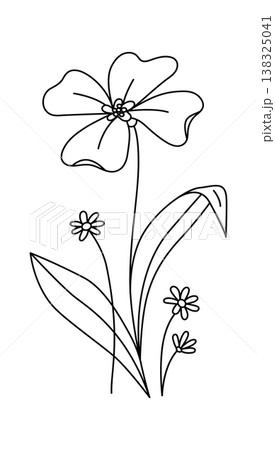 Flower with large petal bloom and small wildflower sprigs in clean contour lines 138325041