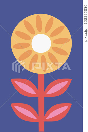 Flower stem with round blossom, radial petals, and layered leaves in a bold geometric style Flower stem with round blossom, radial petals, and layered leaves in a bold geometric style 138325050