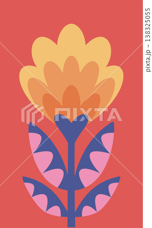 Flower with layered petal and geometric leaf on stem, bold symmetry and clean shapes Flower with layered petal and geometric leaf on stem, bold symmetry and clean shapes 138325055