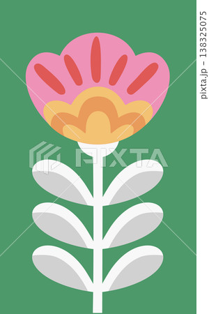 Flower with scalloped petals and layered bud on stem with symmetrical leaves Flower with scalloped petals and layered bud on stem with symmetrical leaves 138325075