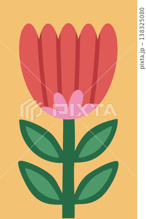 Flower with tall stem, layered petals, and three pairs of leaves in bold geometric shapes Flower with tall stem, layered petals, and three pairs of leaves in bold geometric shapes 138325080