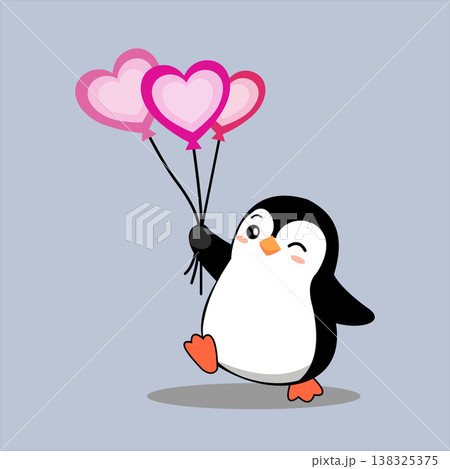 Cute cartoon penguin holding three heartshaped balloons 138325375