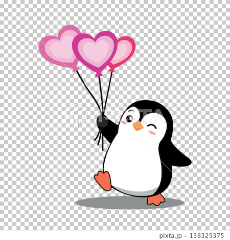 Cute cartoon penguin holding three heartshaped balloons 138325375