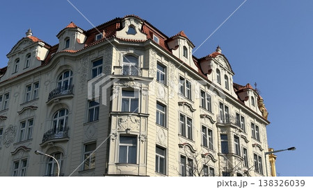 Building in Prague with classic architecture and clear blue sky at midday 138326039