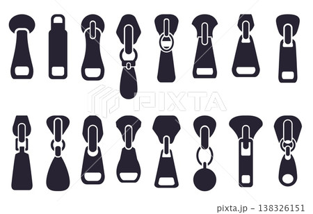 Black zipper pulls. Pullers silhouettes different shapes. Isolated fashionable and tailor elements. Bags or clothing zippers puller, sapid vector set 138326151