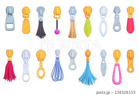 Cartoon zipper pulls. Pullers with beads, leather or thread tassels, ropes and metal silver or gold clasps. Elements for bags, clothes, backpack, sapid vector set Cartoon zipper pulls. Pullers with beads, leather or thread tassels, ropes and metal silver or gold clasps. Elements for bags, clothes, backpack, sapid vector set 138326153