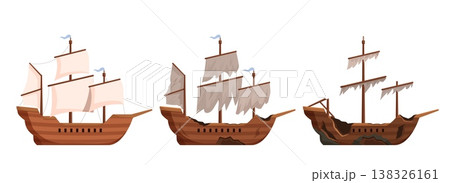 Broken ship. Vintage wooden brigantine, destruction of the boat step by step. Different stages of ols vessel, marine transport for adventures, sapid vector elements 138326161