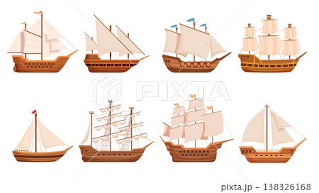 Cartoon old sailboats. Traditional wooden vessels and brigantines. Navy, frigates for travel, sea and ocean adventures. Nautical transport sapid vector set 138326168