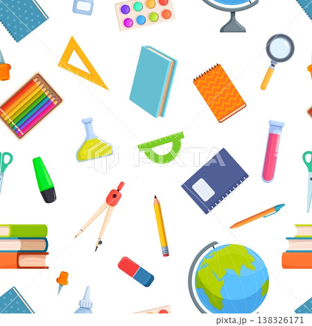 Stationery seamless pattern. School tools and equipment, office stationeries. Educational books, notebook, color pencil, highlighter, print template, vector background Stationery seamless pattern. School tools and equipment, office stationeries. Educational books, notebook, color pencil, highlighter, print template, vector background 138326171