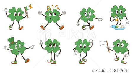 Groovy green clover. Green shamrock with four petals, symbol of lucky. Funny retro character hold flags, emotional faces, cute mascots, neoteric vector set Groovy green clover. Green shamrock with four petals, symbol of lucky. Funny retro character hold flags, emotional faces, cute mascots, neoteric vector set 138326190