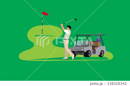 Male golfer swinging club on green course with golf cart and flag pin Male golfer swinging club on green course with golf cart and flag pin 138326342