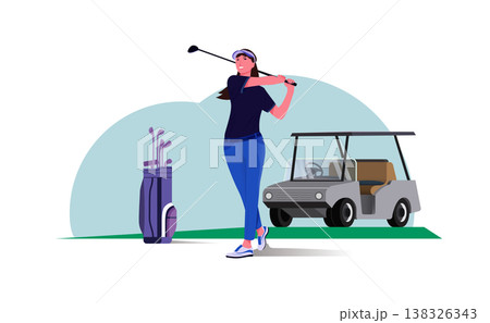 Female golfer swinging club on course with golf cart and bag in background Female golfer swinging club on course with golf cart and bag in background 138326343