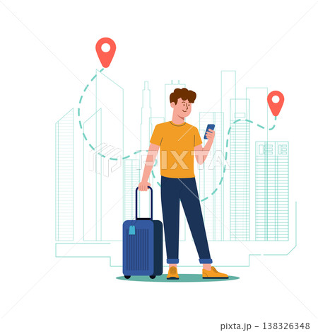 Vector illustration of a traveler checking a map on her phone near city landmarks, minimalist style.	 138326348