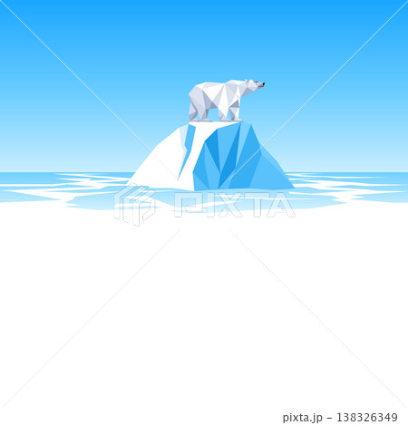 Minimalist flat vector illustration of a low poly polar bear on an iceberg, climate change and arctic wildlife concept with underwater view. Minimalist flat vector illustration of a low poly polar bear on an iceberg, climate change and arctic wildlife concept with underwater view. 138326349