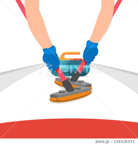 Curling players hands sweeping ice with brooms near moving stone on rink Curling players hands sweeping ice with brooms near moving stone on rink 138326353