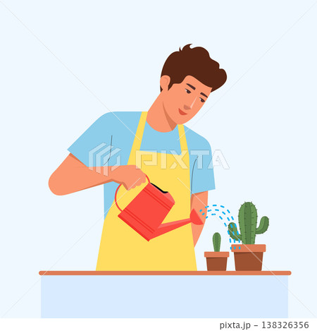 Minimalist vector illustration of a young man with short brown hair in a light blue shirt and yellow apron, gently watering a small cactus with a red watering can, against a solid white background	 138326356