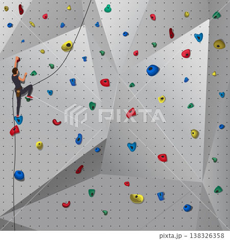 Man Climbing Indoor Bouldering Wall with Colorful Grips, Extreme Sport and Fitness Challenge Concept, Flat Vector Illustration of Rock Climber Training on Artificial Wall Man Climbing Indoor Bouldering Wall with Colorful Grips, Extreme Sport and Fitness Challenge Concept, Flat Vector Illustration of Rock Climber Training on Artificial Wall 138326358
