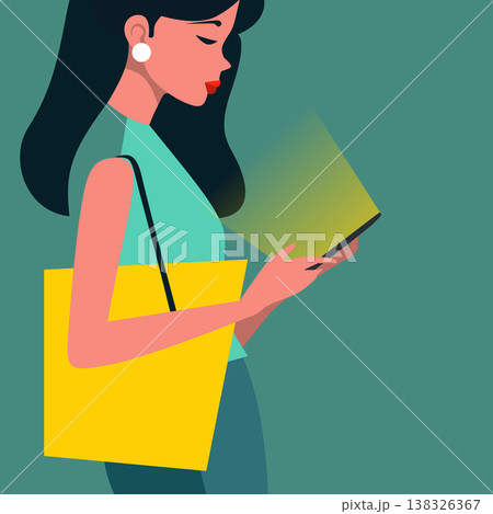 Young woman holding glowing smartphone or tablet in dark profile view vector illustration 138326367