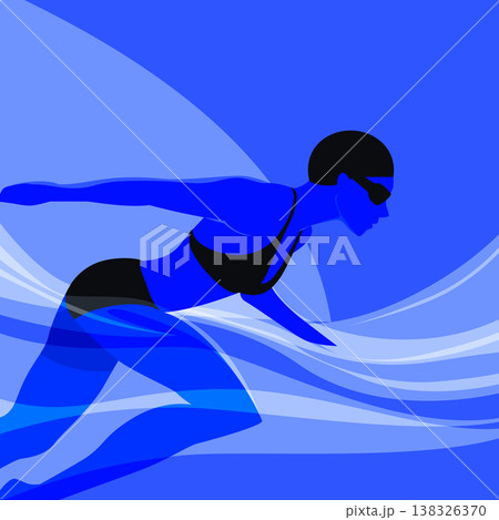 Beautiful woman wearing a swim cap and bikini, diving into blue water, creating waves, with a minimalist vector style. Beautiful woman wearing a swim cap and bikini, diving into blue water, creating waves, with a minimalist vector style. 138326370