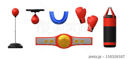 3D boxing sport game equipment realistic icons vector set, champion's belt, gloves, punching bags, protection for teeth 3D boxing sport game equipment realistic icons vector set, champion's belt, gloves, punching bags, protection for teeth 138326387