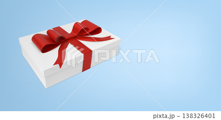 Gift cardboard white box with red ribbon bow on blue gradient background, vector realistic 3D surprise present parcel 138326401