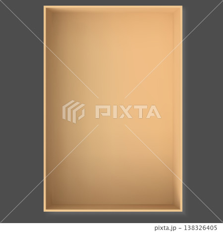 Open gift cardboard box view from above, vector 3D realistic empty craft brown container, present parcel, delivery case Open gift cardboard box view from above, vector 3D realistic empty craft brown container, present parcel, delivery case 138326405