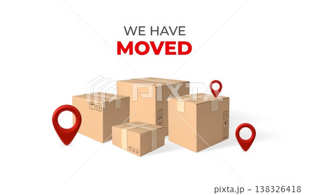 We have moved 3D banner vector design, cardboard boxes stack parcel with red geolocation signs, office and house removal We have moved 3D banner vector design, cardboard boxes stack parcel with red geolocation signs, office and house removal 138326418